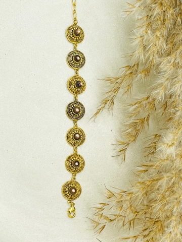 Goldenes Armband mit runden Amuletten und braunem Perlmutt-Stein "Valerie" - Une Ligne